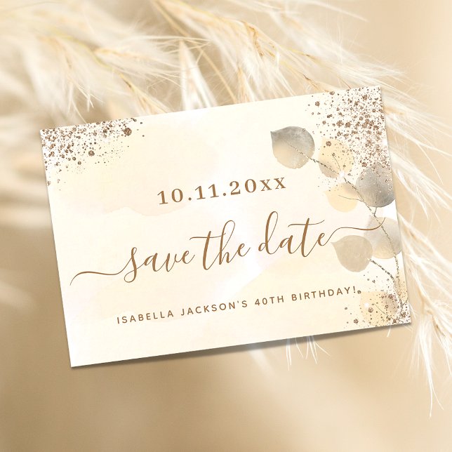 Birthday gold eucalyptus glitter save the date announcement (Creator Uploaded)