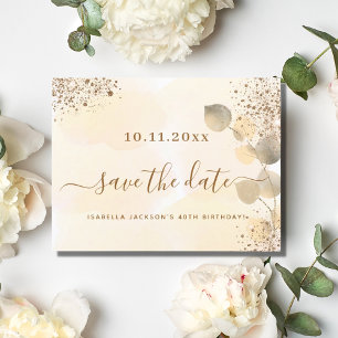 Birthday gold eucalyptus glitter save the date announcement postcard