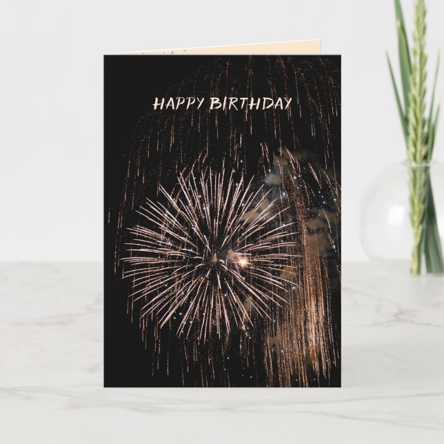 Birthday gold fireworks on black sky card (Front)