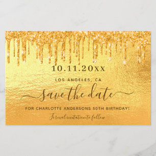 Birthday gold glitter save the date card