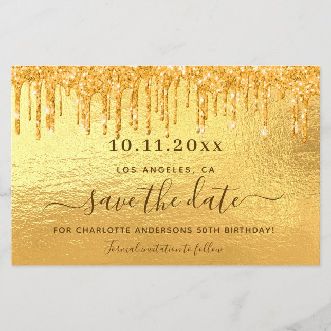 Birthday gold glitter save the date card (Front)