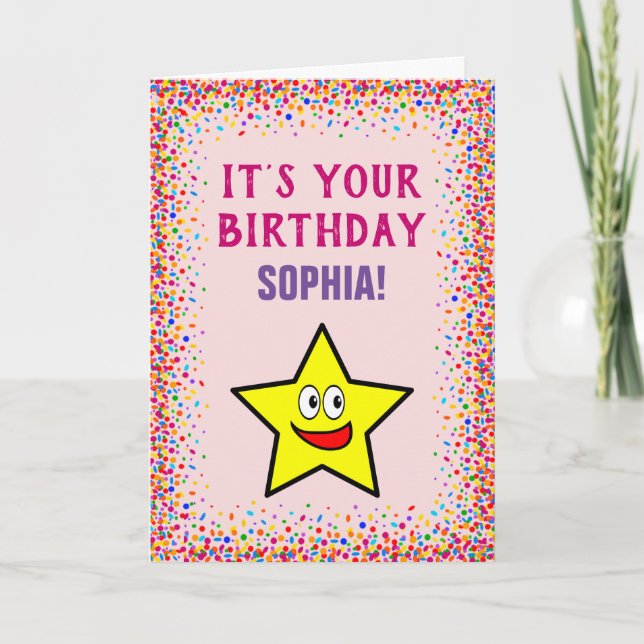 Birthday Gold Star Pink Colourful Confetti Card (Front)