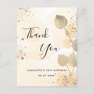 Birthday golden eucalyptus glitter thank you postcard