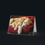 Birthday Golden Retriever and Gold Kitten Sleeping Card<br><div class="desc">A fluffy Golden Retriever puppy and an adorable ginger kitten peacefully sleep together on a plush,  red armchair,  radiating warmth and companionship</div>