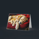 Birthday Golden Retriever and Gold Kitten Sleeping Card<br><div class="desc">A fluffy Golden Retriever puppy and an adorable ginger kitten peacefully sleep together on a plush,  red armchair,  radiating warmth and companionship</div>