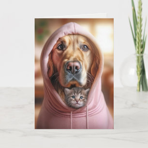 Birthday Golden Retriever and Kitten In a Hoodie Card