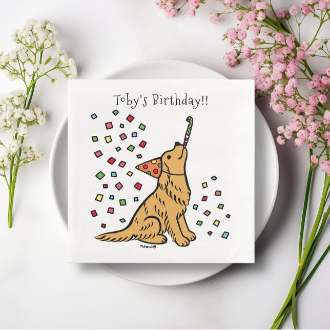 Birthday Golden Retriever Cartoon Napkin (Birthday Golden Retriever Cartoon Paper Napkins for Birthday Party of Dog Lovers.  Delightful image.)