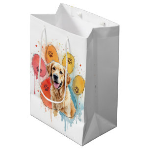 Birthday Golden Retriever in Paw Print Medium Gift Bag