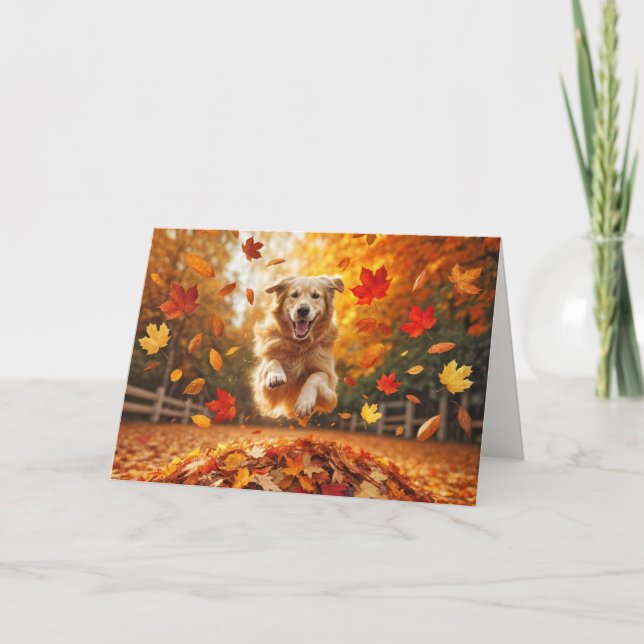 Birthday Golden Retriever Jumping In Leaves Card (Front)