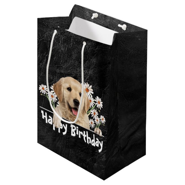 Birthday Golden Retriever On Black Leather Medium Gift Bag (Front Angled)