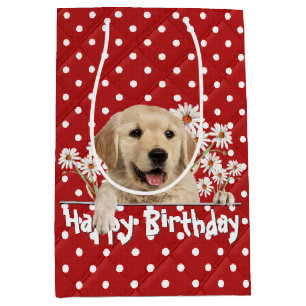 Birthday Golden Retriever On Polka Dots  Medium Gift Bag
