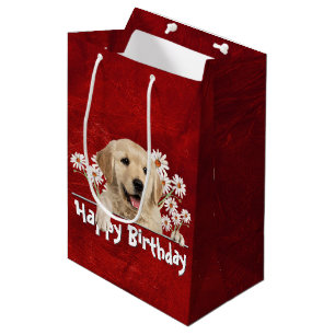Birthday Golden Retriever On Red Leather   Medium Gift Bag