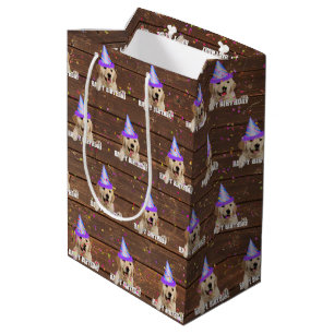 birthday Golden Retriever on wood with confetti Medium Gift Bag