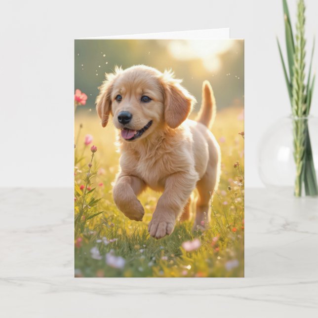 Birthday Golden Retriever Puppy In a Meadow Card (Front)