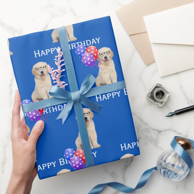 Birthday Golden Retriever Puppy With Balloons  Wrapping Paper (Gifting)
