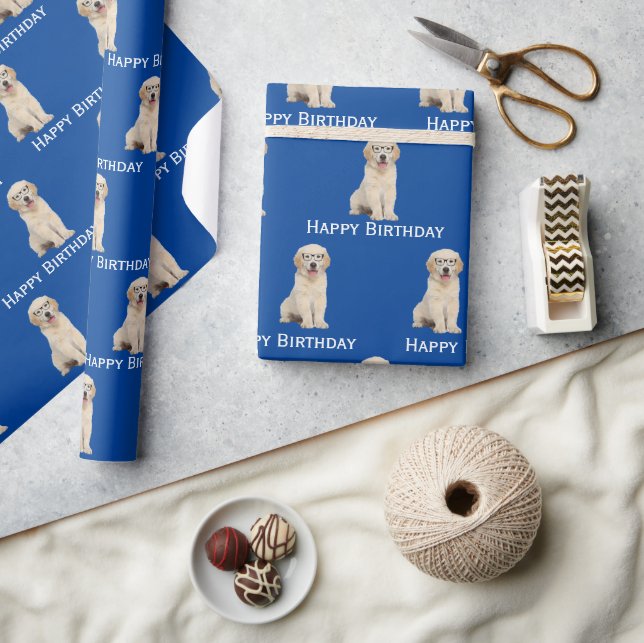Birthday Golden Retriever Puppy With Glasses  Wrapping Paper (Crafts)