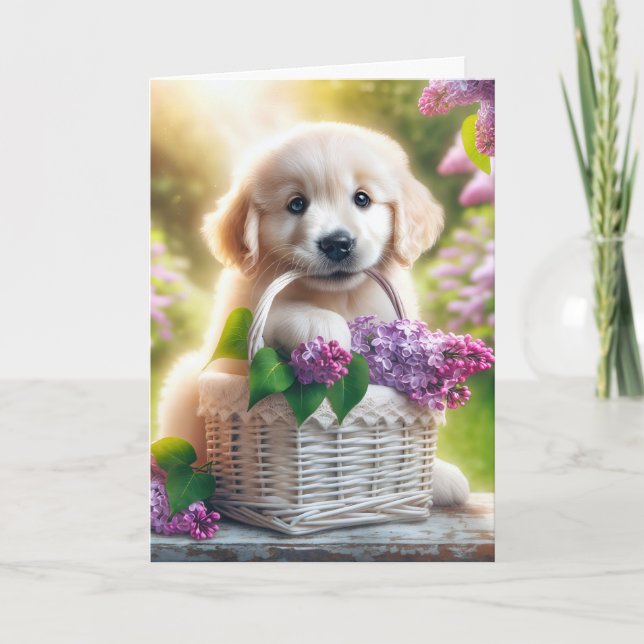 Birthday Golden Retriever Puppy With Lilac Basket Card (Front)