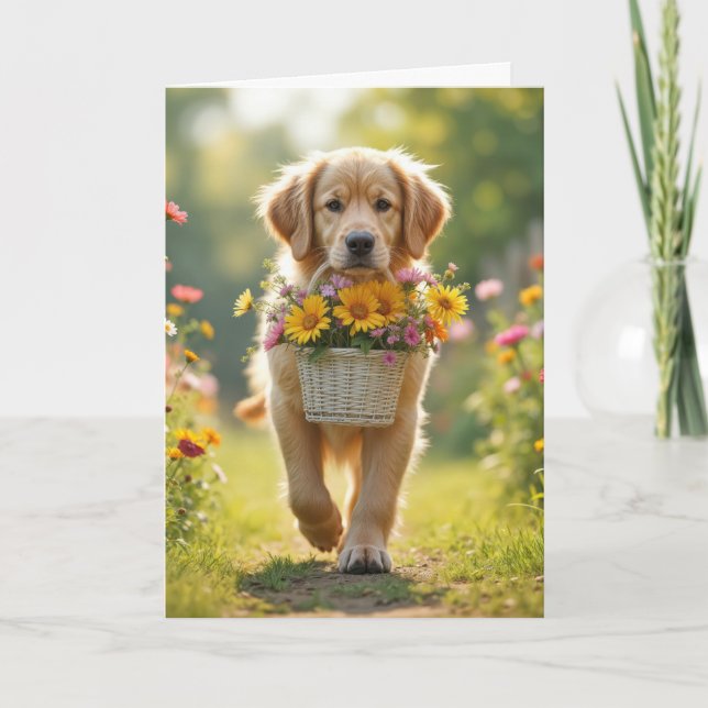 Birthday Golden Retriever With Flower Basket Card (Front)