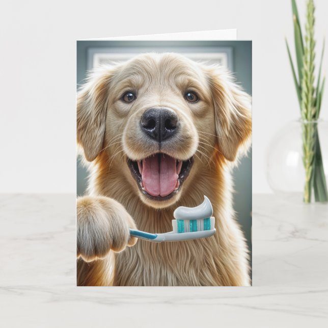 Birthday Golden Retriever With Toothbrush Card (Front)