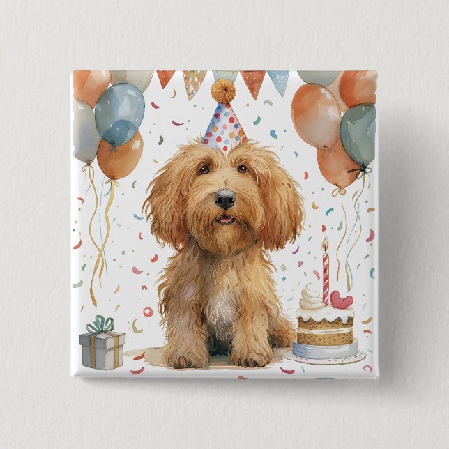 Birthday Goldendoodle Dog 2 Inch Square Button (Front)