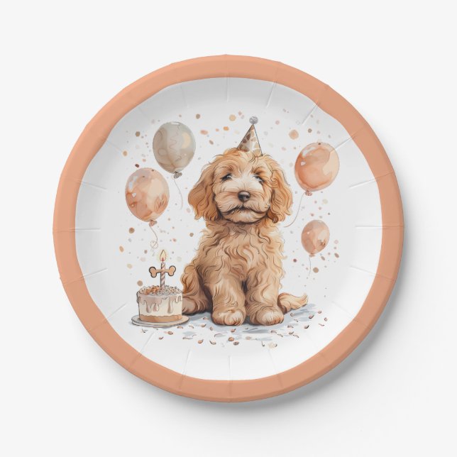 Birthday Goldendoodle Dog Birthday Cake Paper Plate (Front)