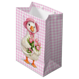 Birthday Goose with Pink Tulips on Gingham Medium Gift Bag