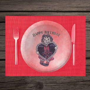 Birthday Goth Rag Doll Black Heart Pinks Reds Paper Plate