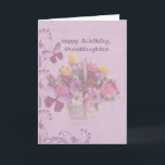 Birthday, Granddaughter, Basket of Flowers Card<br><div class="desc">A basket of colourful flowers including red and yellow roses, pink carnations, and white daisies make this a wonderful floral image for a birthday greeting for a granddaughter. A pink ribbon is tied to the basket. Scroll work and butterflies go up the left side and the entire image is faded...</div>