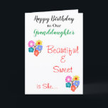 Birthday Granddaughter Pretty Flowers Card<br><div class="desc">Granddaughter birthday wishes. Personalize for anyone. Granddaughter is written in green script. Beautiful and sweet is she is written on frontside in red script. Pretty brightly coloured flowers in pink blue yellow green orange against white background. Leave special message inside, or personalize. Original Artwork and Card Verse Design © TamiraZDesigns...</div>