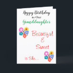 Birthday Granddaughter Pretty Flowers Card<br><div class="desc">Granddaughter birthday wishes. Personalize for anyone. Granddaughter is written in green script. Beautiful and sweet is she is written on frontside in red script. Pretty brightly coloured flowers in pink blue yellow green orange against white background. Leave special message inside, or personalize. Original Artwork and Card Verse Design © TamiraZDesigns...</div>
