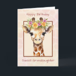 Birthday Granddaughter Sweet Safari Jungle Giraffe Card<br><div class="desc">This birthday card for a sweet granddaughter features a tender watercolor illustration of a baby giraffe adorned with soft pink and yellow florals. The background glows with gentle pastel tones and a subtle giraffe pattern texture, creating a dreamy, affectionate feel. The front message reads Happy Birthday Sweet Granddaughter, setting the...</div>