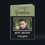Birthday Grandson add photo name green black Card<br><div class="desc">To a very special grandson.
Happy birthday.
Add a name and a photo.
Green and black.</div>