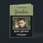 Birthday Grandson add photo name green black Card<br><div class="desc">To a very special grandson.
Happy birthday.
Add a name and a photo.
Green and black.</div>