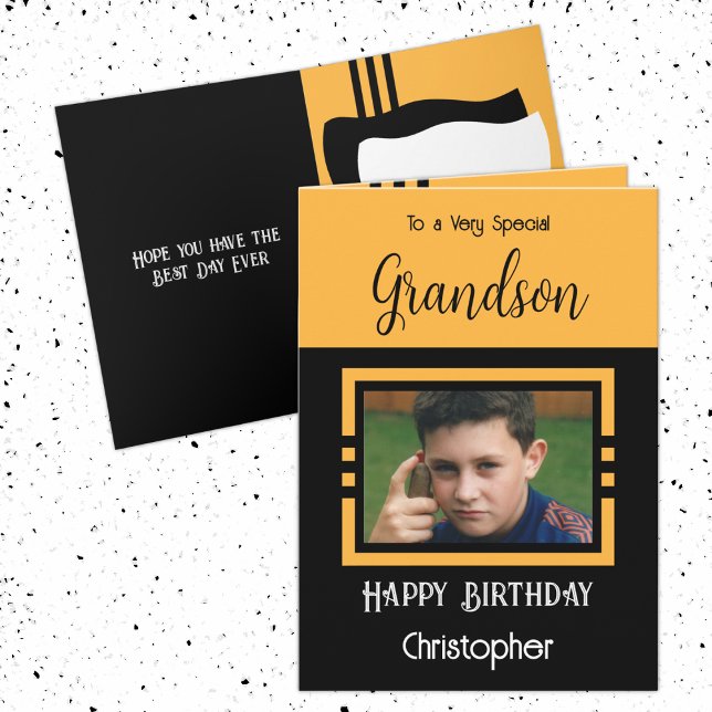 Birthday Grandson add photo name orange black Card (Creator Uploaded)