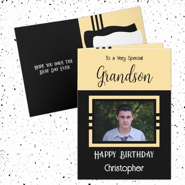Birthday Grandson add photo name yellow black Card (Creator Uploaded)