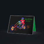 Birthday Grandson, Biker on Motorcycle Vivid Colou Card<br><div class="desc">Fun,  colourful birthday greeting for that grandson with a young man riding a motorcycle.  See the same image for other categories.</div>