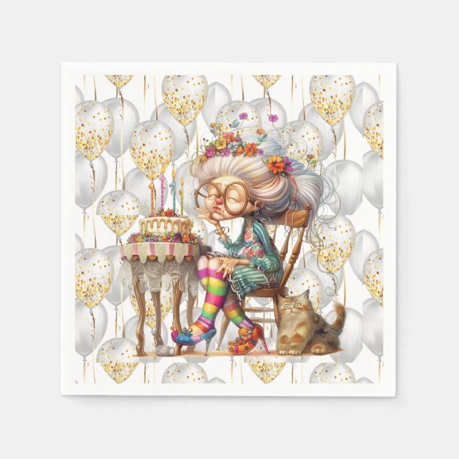 Birthday Granny With Party Balloons Napkin (Front)