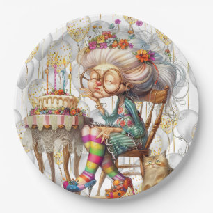 Birthday Granny With Party Balloons Paper Plate