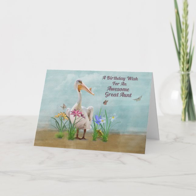 Birthday, Great Aunt , Pelican, Flowers Card (Front)