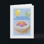 Birthday, Great Granddaughter, Cake and Balloons Card<br><div class="desc">This decorated cake and yellow and green balloons make a festive cover for this happy birthday greeting card.  Feel free to change the inside verse to suite your needs.</div>