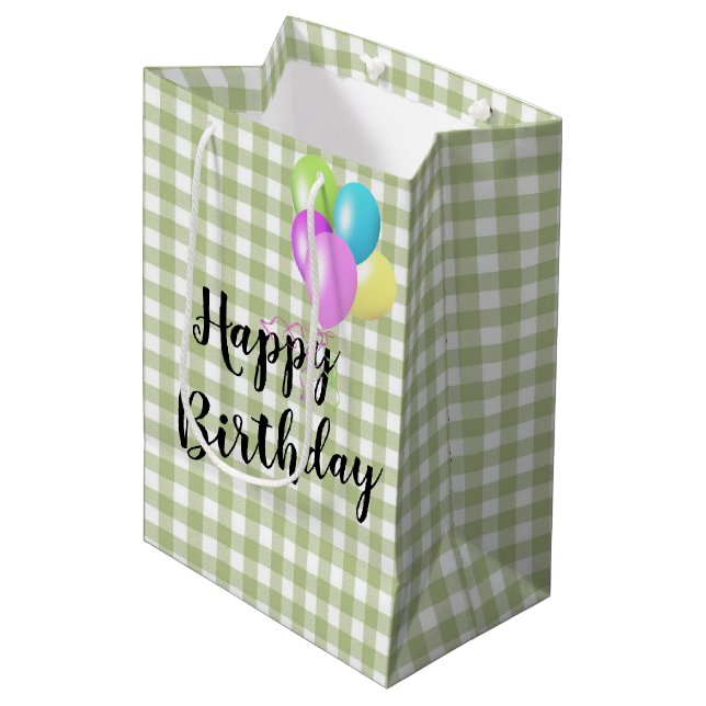 Birthday Green and White Gingham Medium Gift Bag (Front Angled)