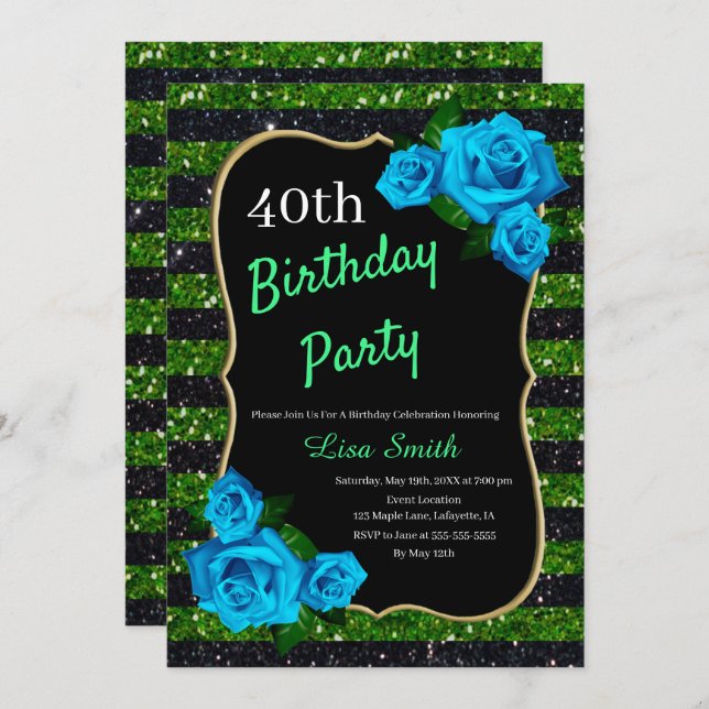 Birthday Green Black Stripes Glitter Blue Roses Invitation (Front/Back)