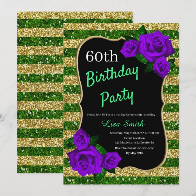 Birthday Green Gold Stripes Glitter Purple Roses Invitation (Front/Back)