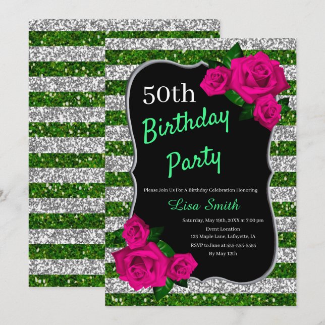 Birthday Green Silver Stripes Glitter Pink Roses Invitation (Front/Back)