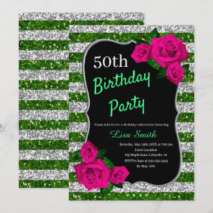 Birthday Green Silver Stripes Glitter Pink Roses Invitation