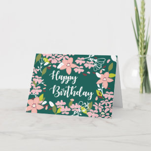 Birthday Green with Pink Flowers Card