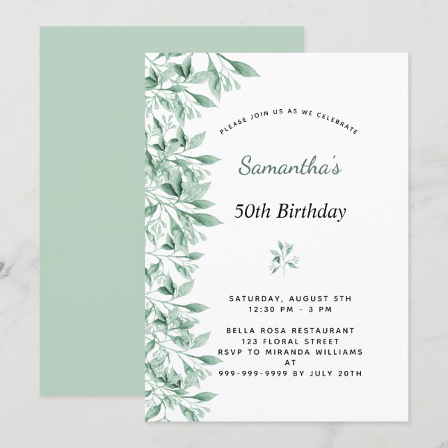 Birthday greenery botanical floral modern chic invitation (Front/Back)