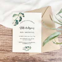Birthday greenery ginkgo white script elegant