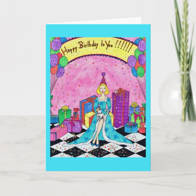 Birthday Greeting Card with Woman, Presents, Cats (Front)