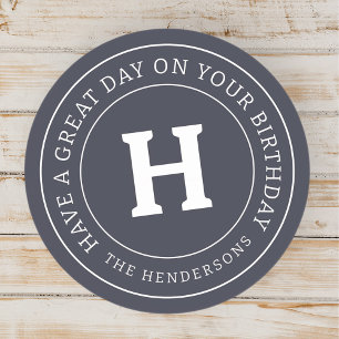 Birthday Greeting Chic Modern Family Monogram Classic Round Sticker
